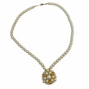 Vintage Faux Pearl Necklace Ornate Cluster Pendant